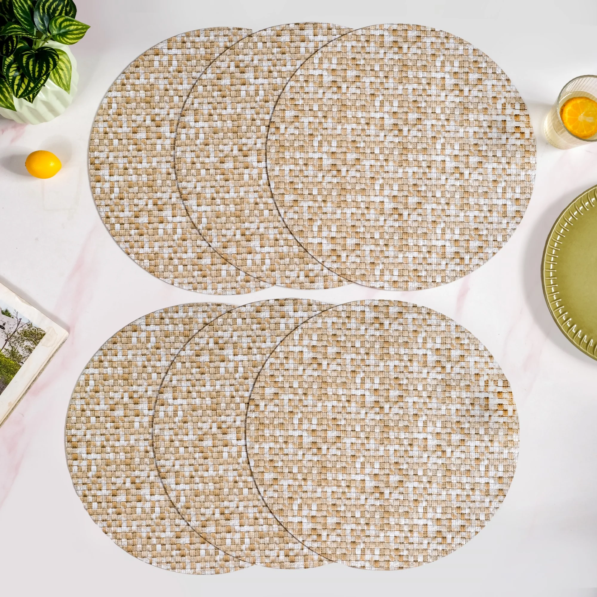 Yellow And White Intrecciato Weave Round Table Mat Set Of 6 - Image 6