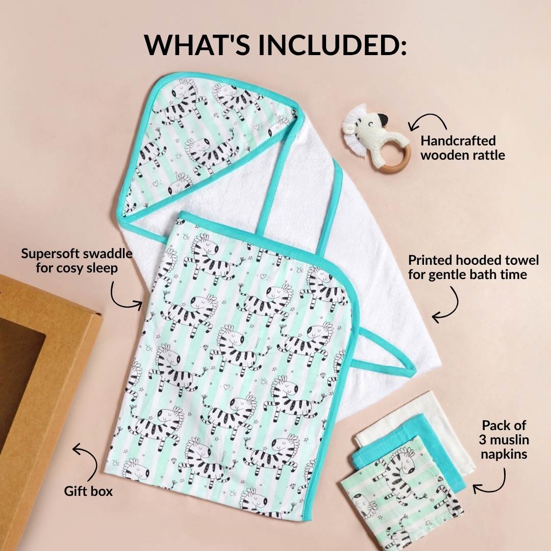 Zebra Baby Hamper With Swaddle Towel Napkin Rattle Set Of 6 - Image 3