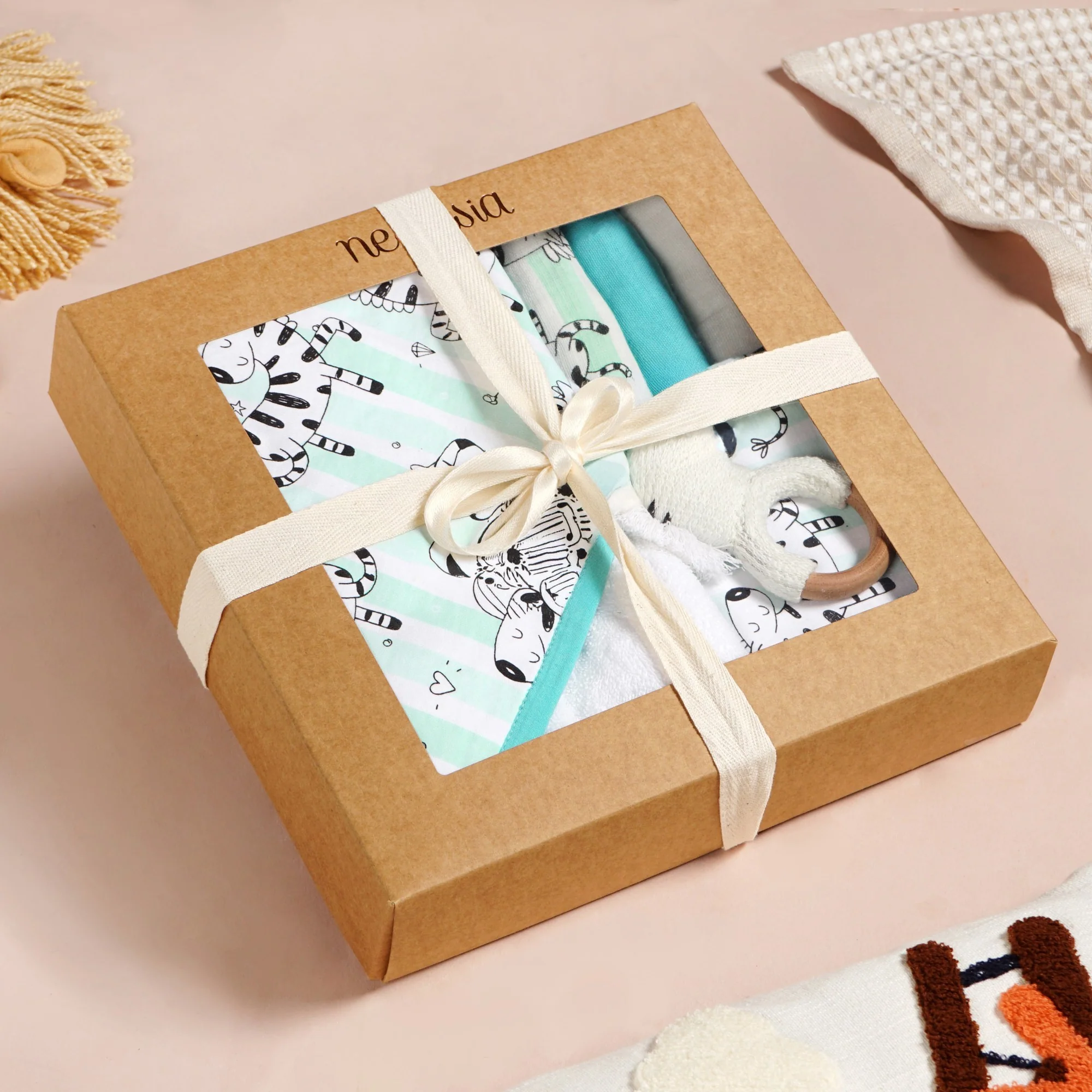 Zebra Baby Hamper With Swaddle Towel Napkin Rattle Set Of 6 - Image 5