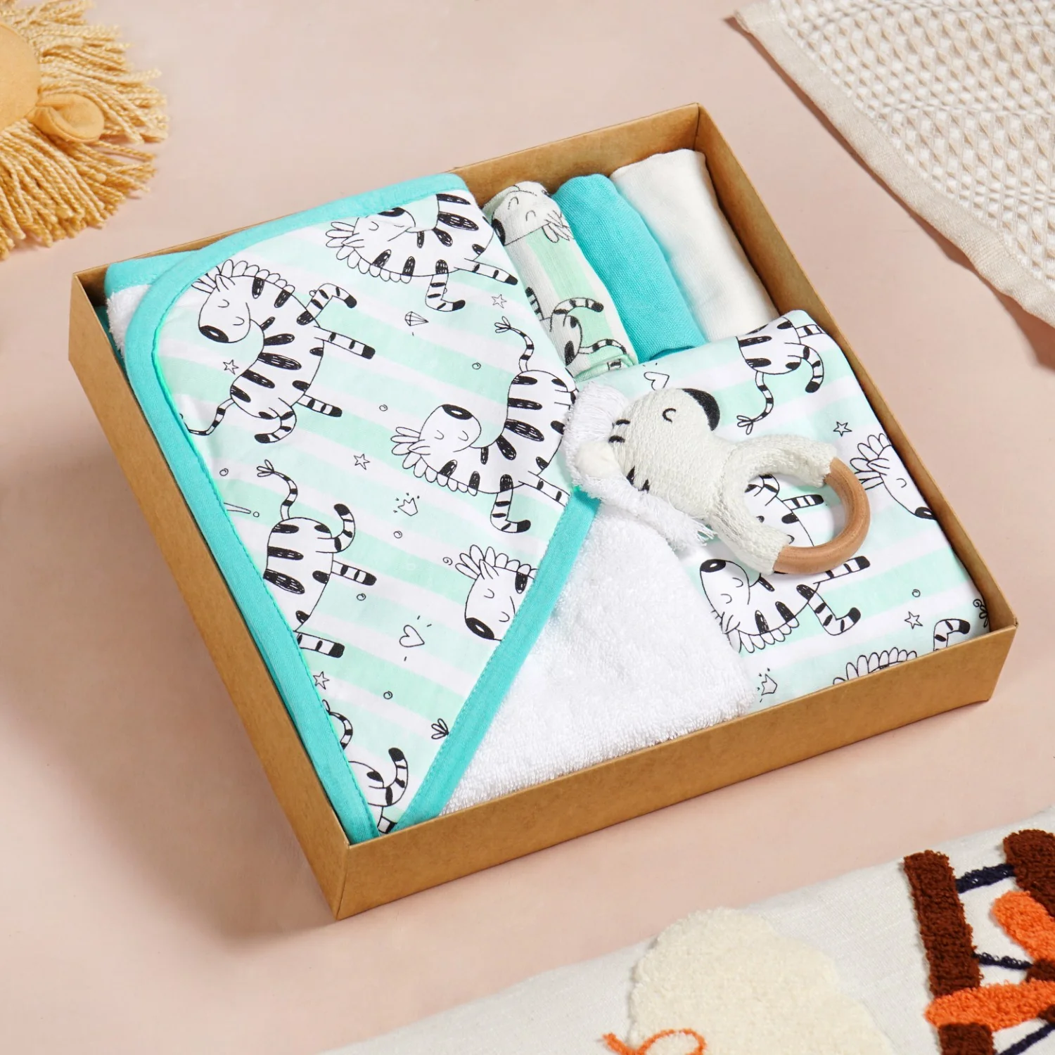 Zebra Baby Hamper With Swaddle Towel Napkin Rattle Set Of 6 - Image 6